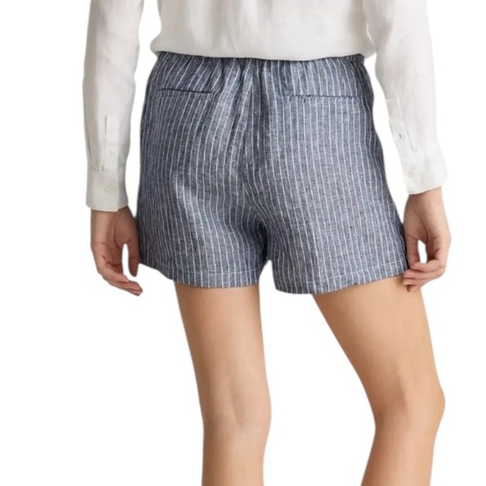 Quince Women 100% European Linen Shorts Blue Pinstripes Tie Waist - Picture 2 of 10